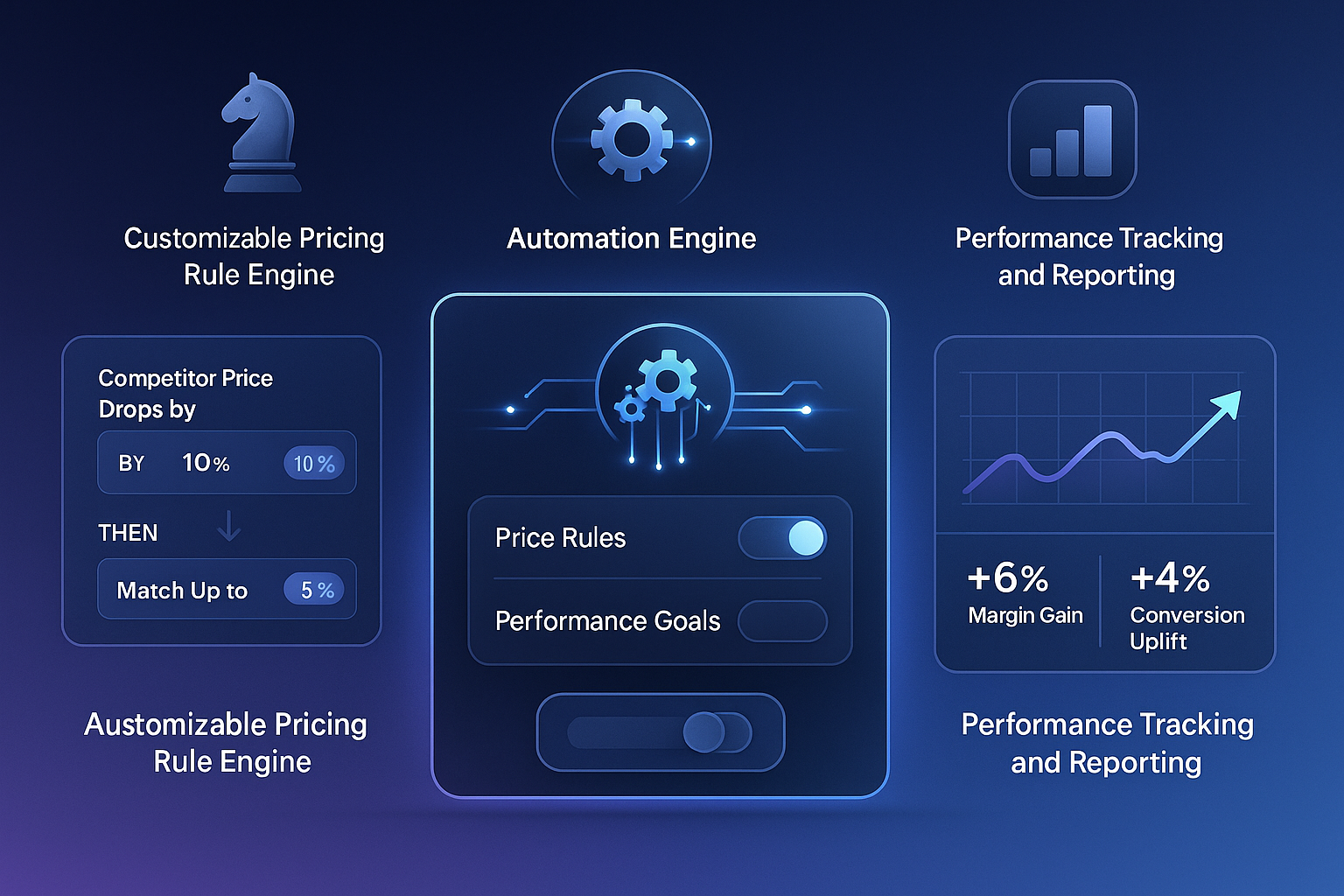 Diagram showcasing actionable recommendations with customizable pricing rules, automation engine, and performance tracking.